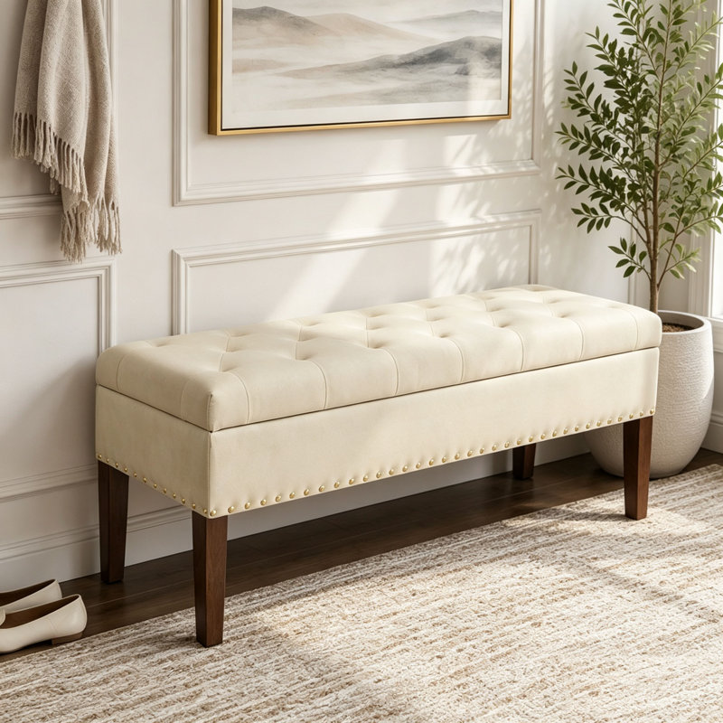 Banc de rangement capitonné avec garniture cloutée, Crème