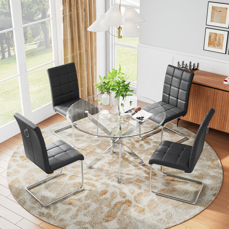 5 - Piece Glass Top Dining Set (set Of 5), Silver, Black/Silver