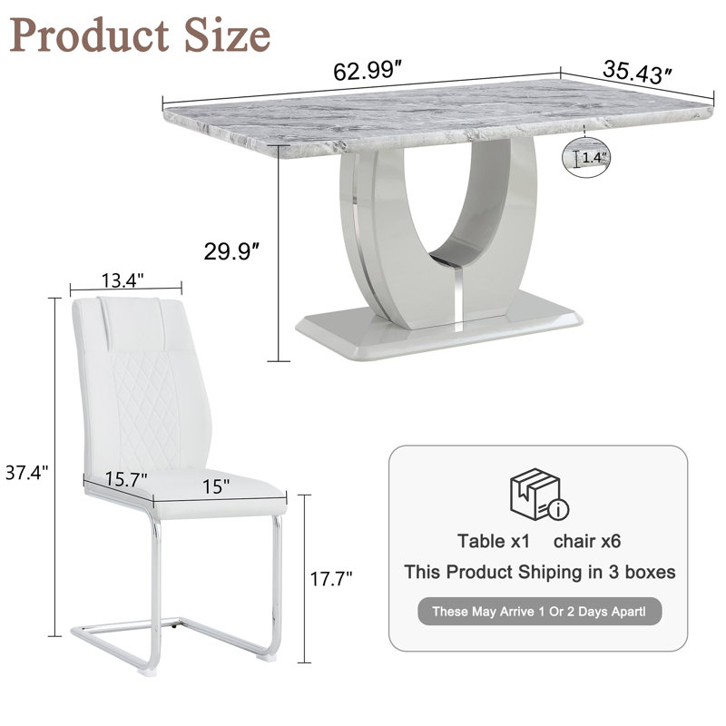 Kimara 7-Piece Modern 63" Rectangular Faux Marble Pedestal Dining Set, White, 7 Pieces: Table, 6 Chairs