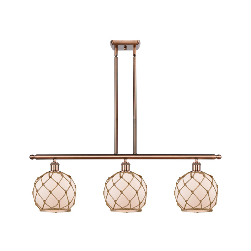Luminaire suspendu linéaire à 3 lumières pour îlot de cuisine Hildebrandt Farmhouse, Verre transparent avec corde blanche