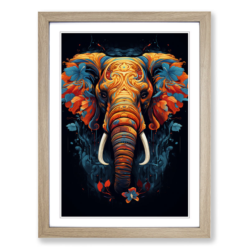 XYZ-FRM-V1223-629 Elephant Informel No.2 - Single Picture Frame Print on Wood, Oak, 64cm H x 46cm W x 2cm D