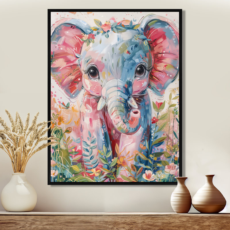Pépinière gris, rose, magnifique éléphant I - éléphant, art mural, salon, Cadre flottant noir, H 24 po x l 32 po