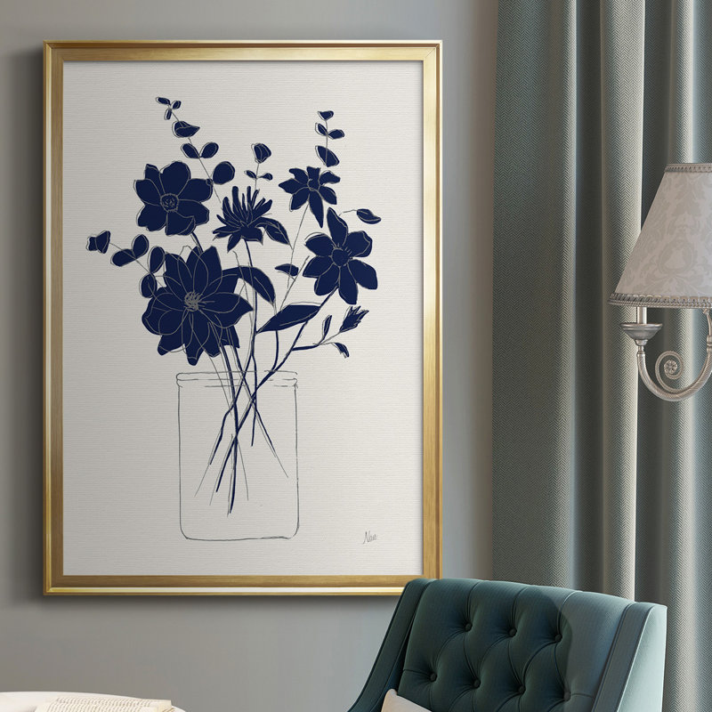 " Indigo Sketch Bouquet II ", Gold, 24.5" H x 18.5" W x 1" D