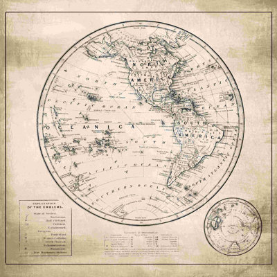 Carte de l'hémisphère occidental délavé - impression sur toile tendue