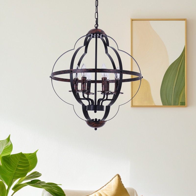Luminaire suspendu industriel en fer rustique à 6 lumières avec hauteur réglable, finition noire et rouille pour la salle à manger et le bar