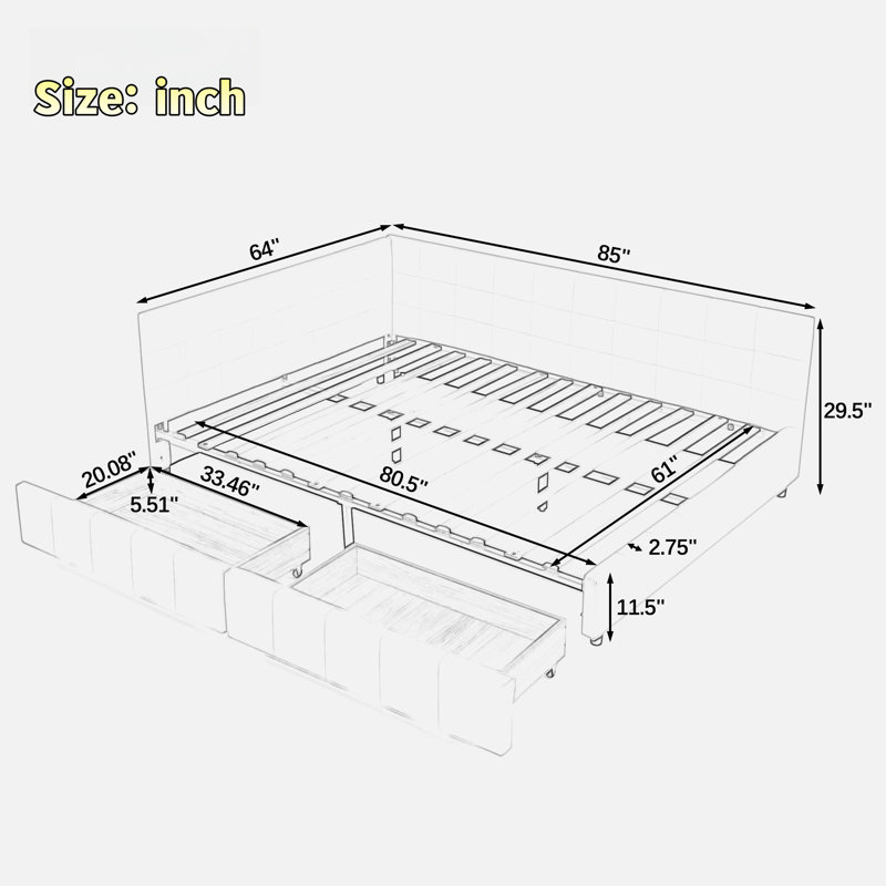 Bed With 2 Drawers, Gray