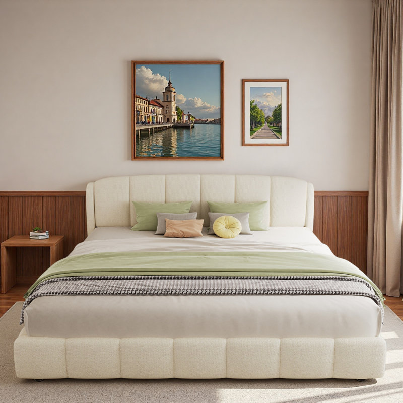 Lit plateforme tapissier Boucle avec tête de lit arrondie et pieds robustes