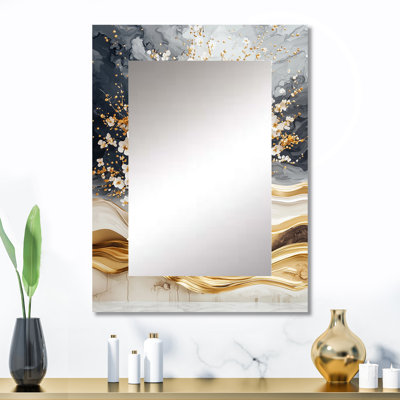 Gold And White Cherry Tree Silhouette III - Landscapes Decorative Mirror On Metal
