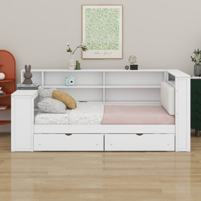 Lit plateforme en bois avec tablettes de rangement, tiroirs, station de charge, DEL, bureau et tête de lit tapissier