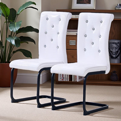 Set Of 2,Retro Alligator Skin Upholstered Dining Chairs,With Crystal Buckle Design And Faux Leather Design,A Touch Of Elegance And Mystery To The Dining Area,Black Spray-Painted Metal Bow Leg