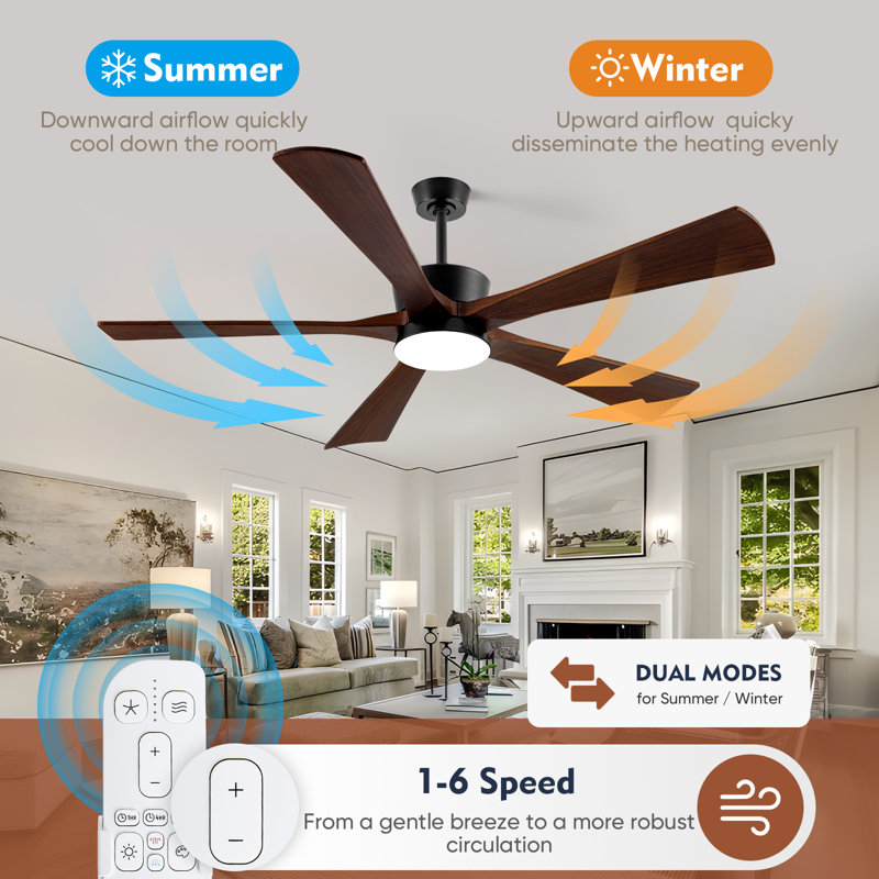 60" Modern Ceiling Fan With Light And Remote Control, 5 Solid Wood Blades 6-Speed Noiseless Reversible Dc Motor, Ceiling Fan For Kitchen Dinning Living Room, Brown Finish With Wood Blades