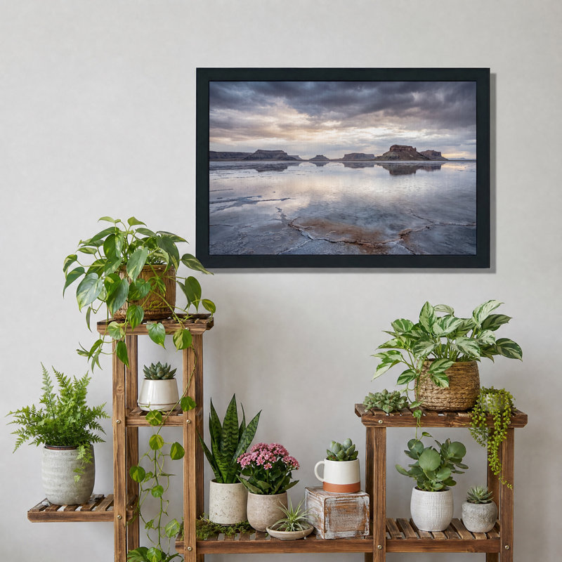 Mesa Reflections on Salt Flat Under Cloudy Sky Canvas Wall Art, 12"H x 18"W