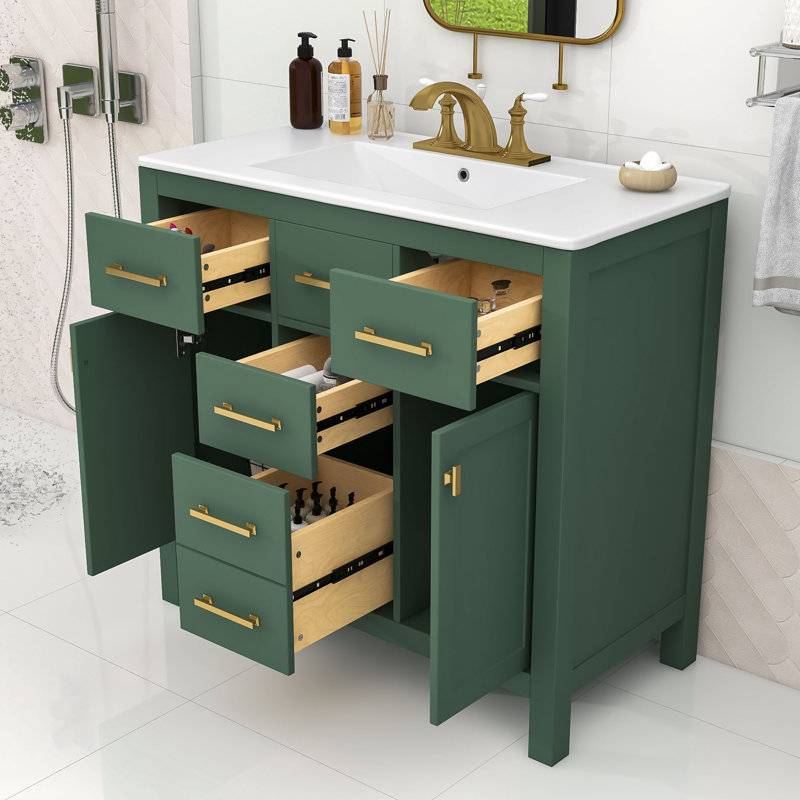 Voronica Wood Single Bathroom Vanity Cabinet with Ceramic Basin Sink and Multi-Functional Storage, Green