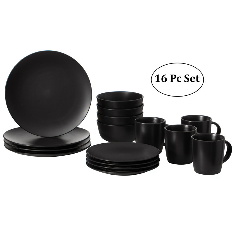 Service de vaisselle 16 pièces pour 4 personnes | Ensemble de grandes tasses, assiettes à salade et bols, plats de haute qualité résistants aux ébréchures et aux fissures, va au lave-vaisselle et au micro-ondes, noir mat