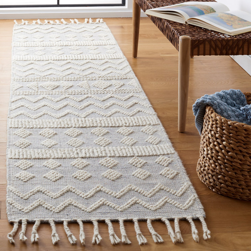 Tapis en laine / coton tissé à la main Sucher en ivoire / bleu clair, Tapis de couloir 2 pi 3 po x 9 pi