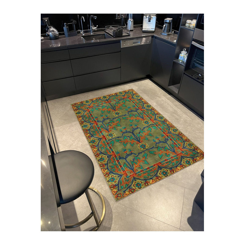 Tapis décoratif vert à motif floral multicolore, Sous-tapis rectangulaire de 3 pi 3 po x 4 pi 11 po