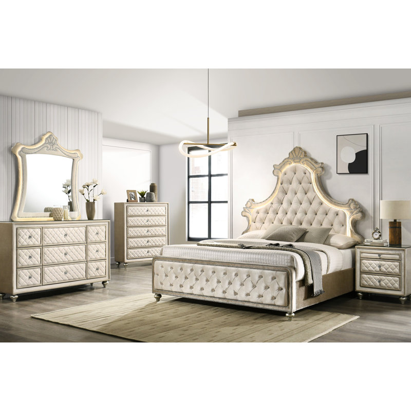 Queen Bed In Beige Velvet With Led Lighting And Comfortable Tufting Integrated Stylish Headboard
