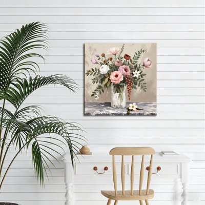 Soft Pink Floral Arrangement, Built-In Wooden Frame, 16 X 16
