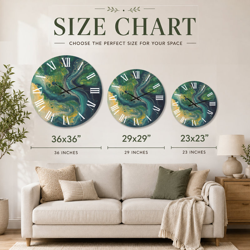 Emerald Tide Pour - Horloge murale ronde abstraite en bois, Très grand
