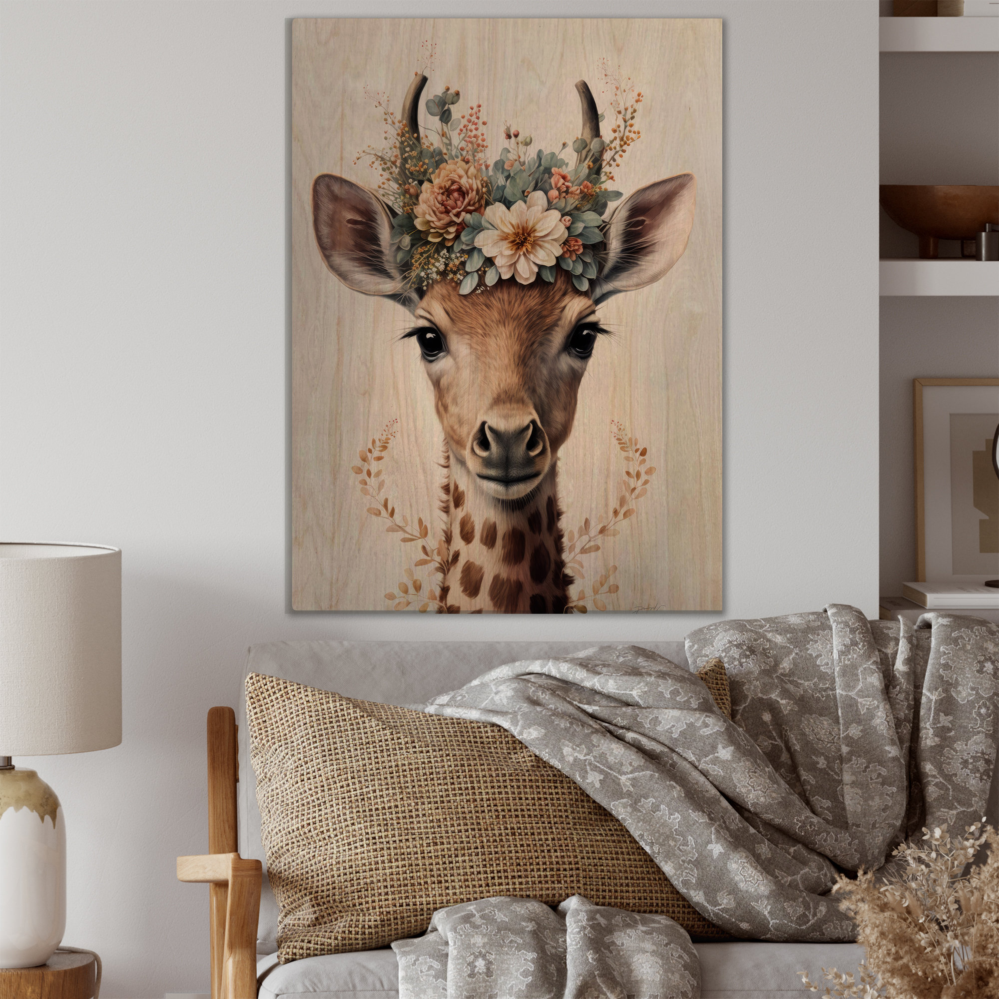Zoomie Kids Annie Cute Baby Giraffe With Floral Crown I On Wood Print Wayfair