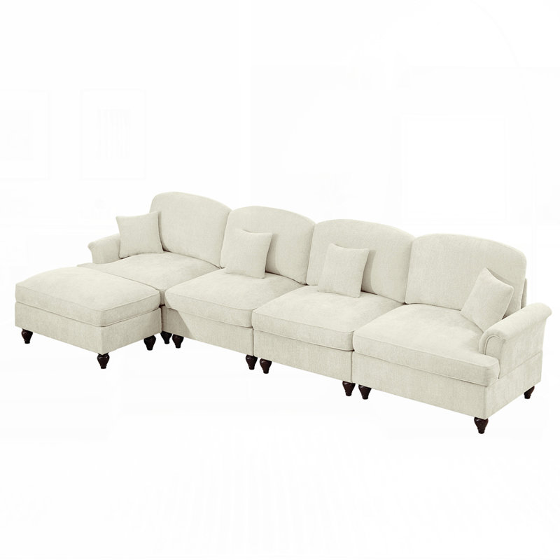 Canapé modulaire modulaire avec repose-pieds mobile et jupes à plis à volants amovibles, 4, Beige + blanc