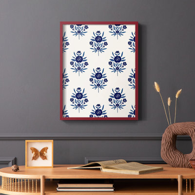 Motif de fleurs indigo II, impression encadrée - bois massif