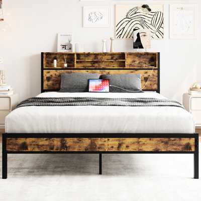 Bed Frame With Charging & Storage Headboard, Metal, , Strong, No Box Spring Requi, Easy Assembly Operations Metal Platform Bookcase Headboard Electric by Alwyn Home