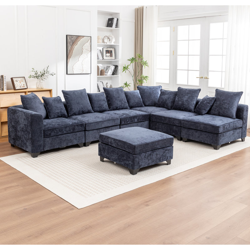 Kempson 7 - Piece Upholstered L-Shaped Sectional With Ottoman, Blue Polyester