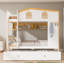 Lit superposé double au-dessus de double avec garde-corps en forme de maison et tablettes de rangement et lit gigogne, blanc + naturel-1081640148