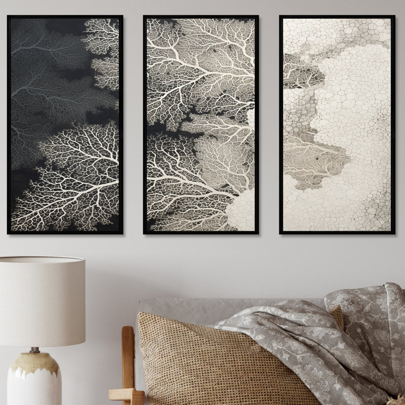 Abstrait corail noir et blanc VI - ensemble d'art mural toile corail sous l'eau, Cadre flottant noir