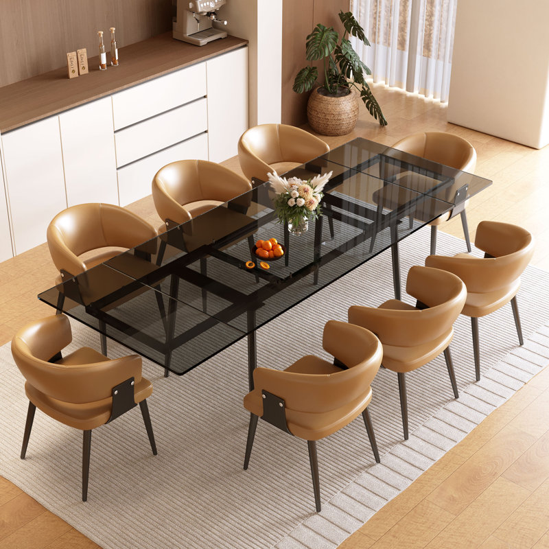 94.4 Inch Extendable Glass Dining Table Modern Rectangular Kitchen Furniture with Black Metal Legs for 8 People Black