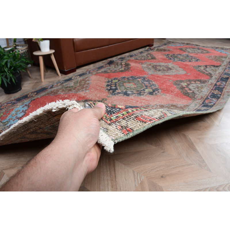 Grand tapis turc rétro rouge pour le salon ou la cuisine fabriqué à la main en laine avec un design anatolien