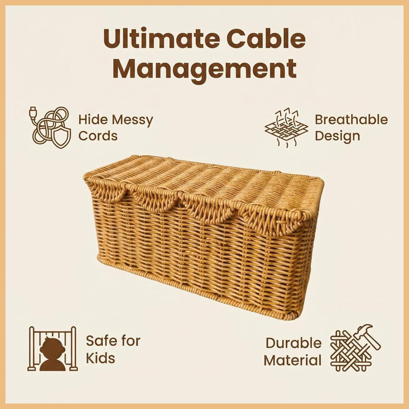Handwoven Faux Rattan Cable Management Box with Lid, Scalloped Cord Hider, 2 Side Slots for Power Strip & Router