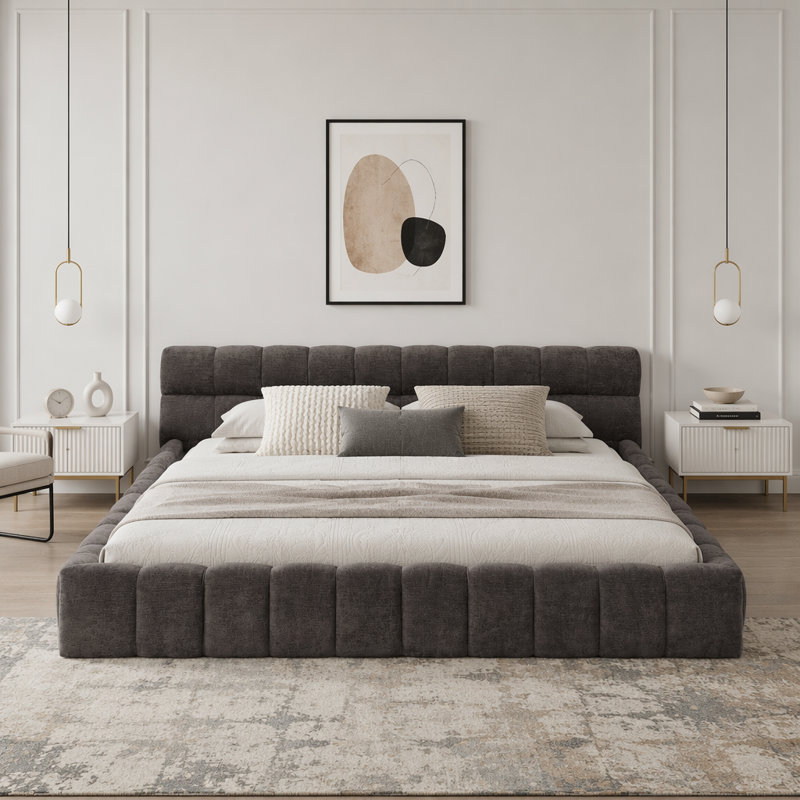 Lit plateforme tapissier avec tête de lit California King Chenille, Gris foncé