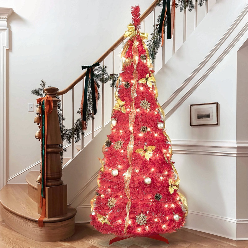 Arbre de Noël 6 pi avec 150 lumières DEL blanc chaud, ornements inclus - 4 rubans, arc, fleurs, flocons de neige, pommes de pin et boules - Assemblage facile et décoration de Noël peu encombrante