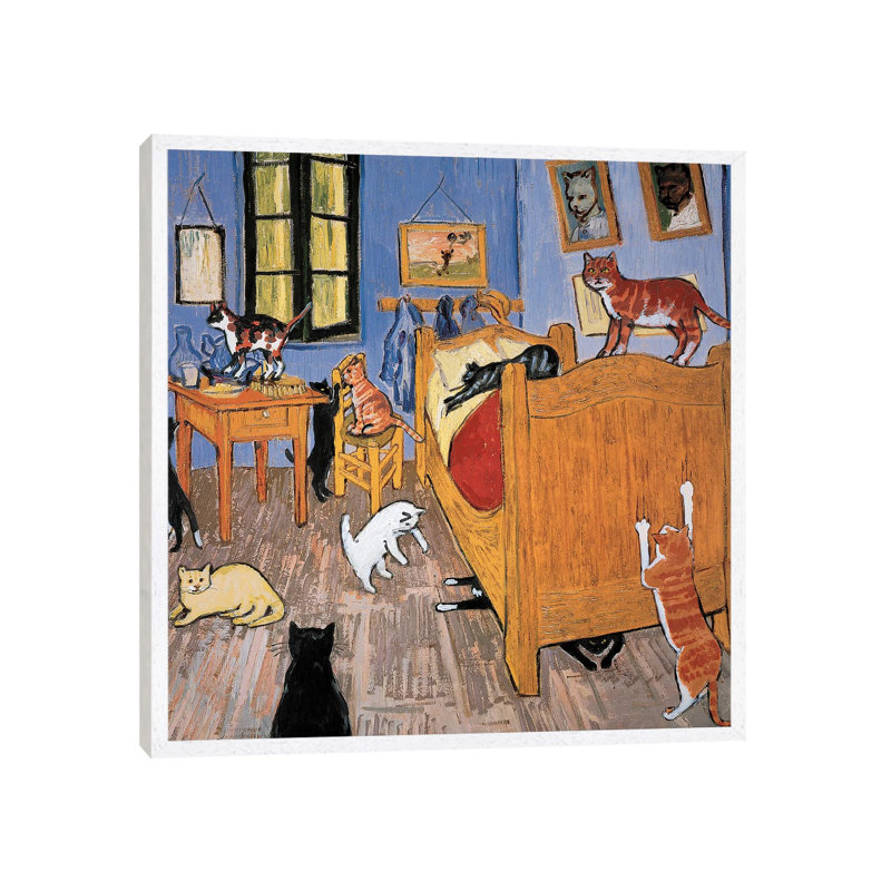 Van Gogh Arles Cat - Painting on Canvas, 66.04cm H x 66.04cm W x 3.81cm D, White Framed