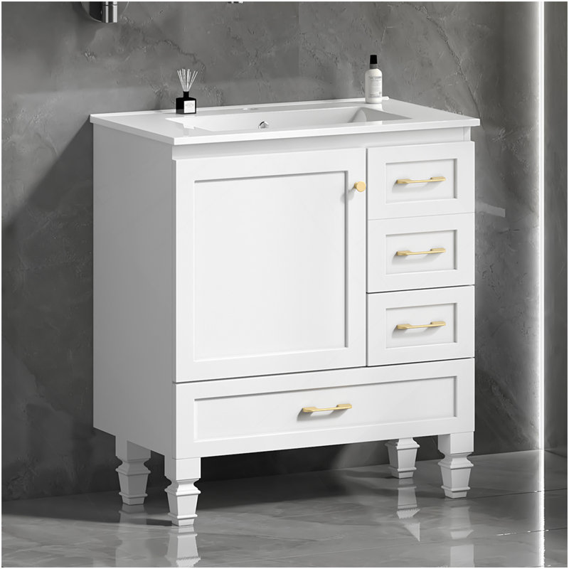 Meuble-lavabo blanc 30 po. Armoire de rangement abondante - 1 porte à fermeture douce et 3 tiroirs, Blanc