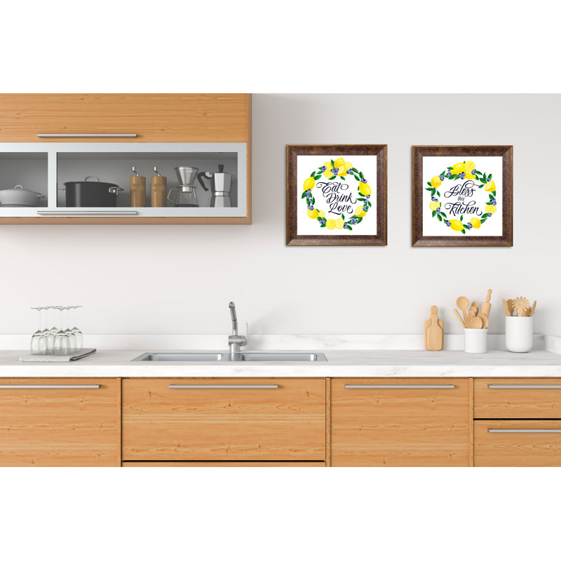 " Lovely Bless This Kitchen And Eat Drink Love Sign " by Noonday Design 2 - Pieces, 12" H x 12" W x 0.75" D, Wrapped Canvas