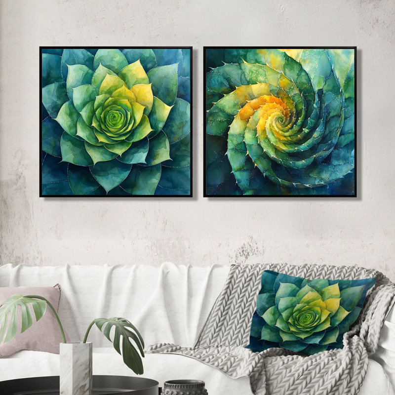 Géométrique spirale feuille d'aloès Succulent I, H 30 po x l 61 po, Cadre flottant, Noir