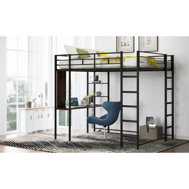 Full Size Metal Loft Bed With 2 Shelves And Desk, Black - Secure, Space Saving Solution Desk Size, , Optimizing, Black