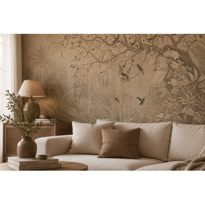 Sepia Tropical Bird Wall Mural | Beige Jungle Botanical Wallpaper | Non-Woven or Peel and Stick