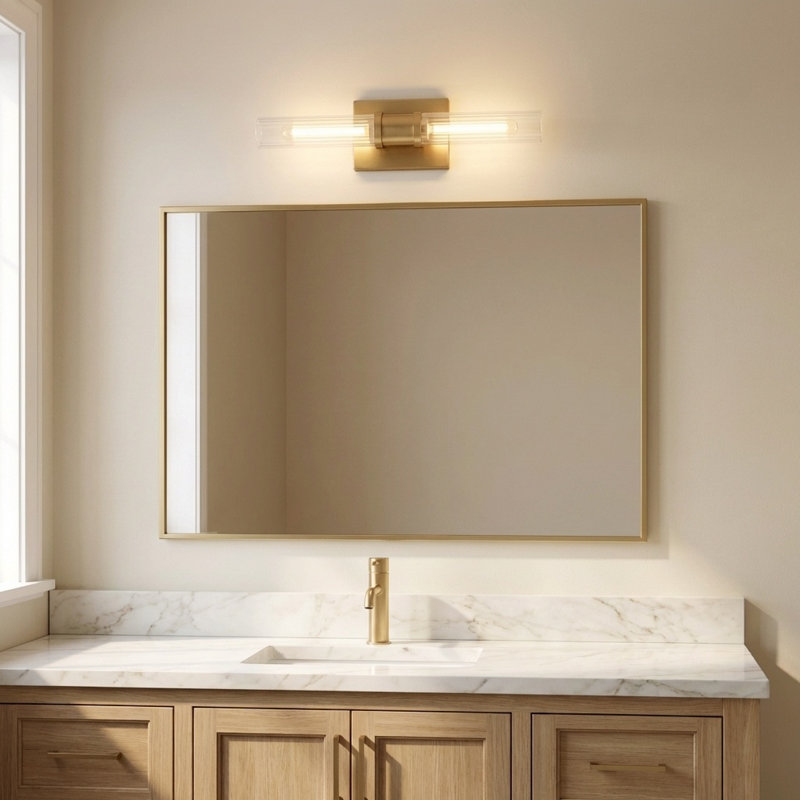 Ensemble de meuble-lavabo à deux lumières Keaton, H 20 po x l 5 po x P 3,63 po, Transparent cannelé, Laiton satiné