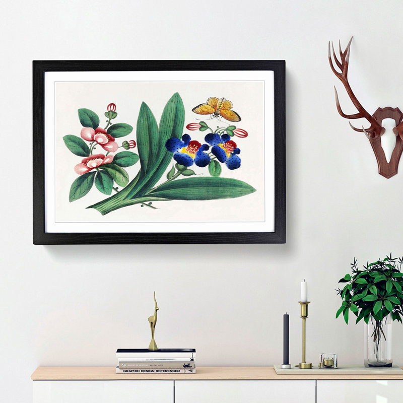 A Butterfly & Flowers - Framed Print, 33cm H x 45cm W x 2cm D, Black Framed