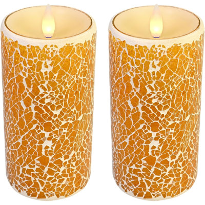 Glass Flameless Pillar Candles Flickering with Remote Timer, Battery Operated LED 3D Moving Flame Real Wax Candles,Remote Included (Honey Yellow Cracked Glass)