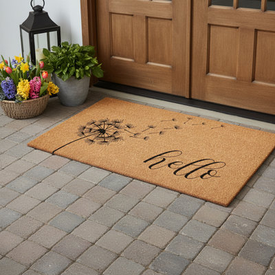 24" X 48" Brown And Black Floral Hello Outdoor Coir Door Mat