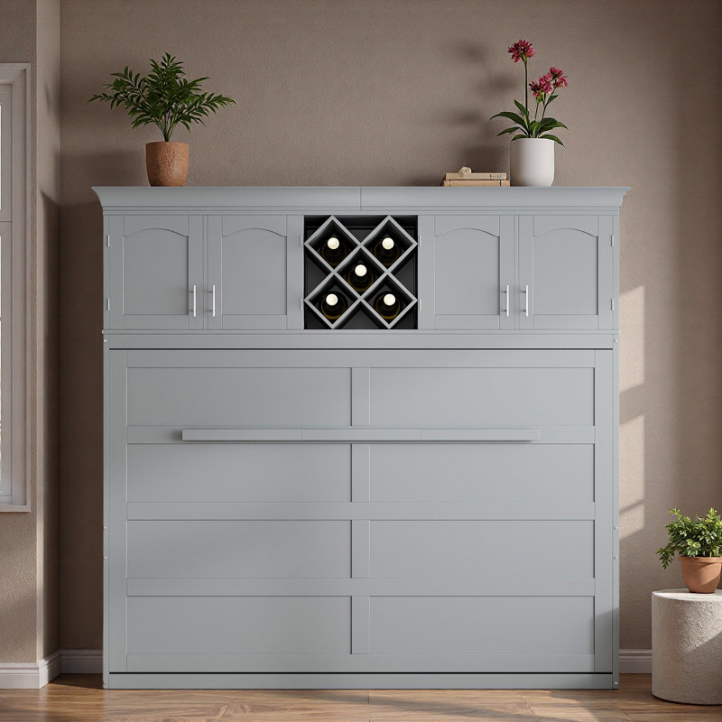 Grand lit escamotable mural avec armoires supérieures et porte-bouteilles, Gris