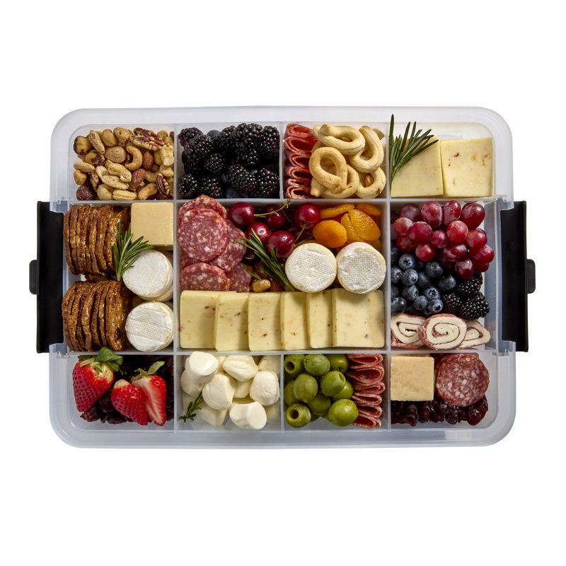 Farberware Large SnackleBox Bamboo Board and Box, Multi-Purpose Portable Snack Box with 11 Snack Dividers, Rectangle Chopping Board Lid and Black Locking Handles, 30 x 40.5cm