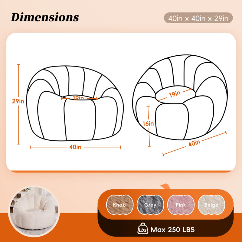  Pumpkin Shaped Bean Bag Chair for Adults，Stuffed Large Accent Lounge Floor Chair for Living Room Bedroom Dorm