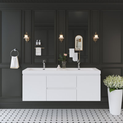 Space-saving Floating Vanity With Durable Resin Top Modern Minimalist Bathroom Solution Glossy Design