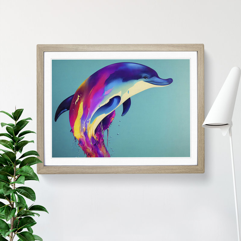 Colourful Dolphin Abstract - Single Picture Frame Print, 34cm H x 46cm W x 2cm D, Oak